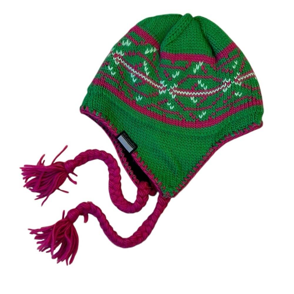 Columbia Kids 12-14 Fair Isle Trapper Hat Green Pink Ear Flap Knit Winter Beanie